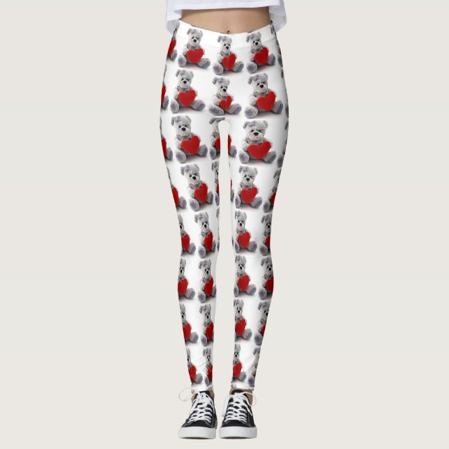Grey Teddy Bear Holding Heart Heart Leggings (Front)