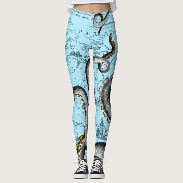 Grey Tentacles On Blue Vintage Map Leggings (Front)