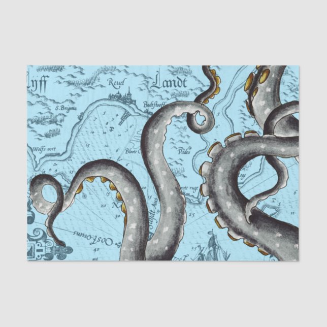 Grey Tentacles On Blue Vintage Map Tissue Paper (Front)