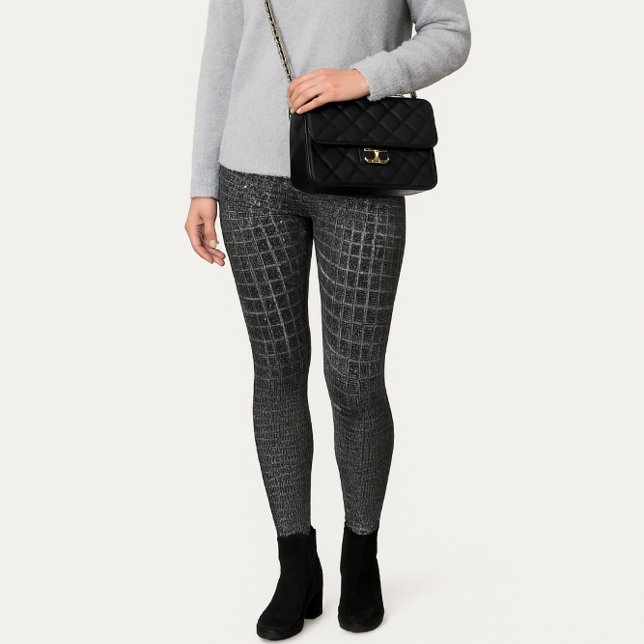 Grey Textured Faux Crocodile    Leggings (Chic gray snakeskin fashion look styled with soft gray sweater and black accessories . )