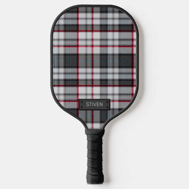 Grey textured tartan plaid  pickleball paddle (Front)