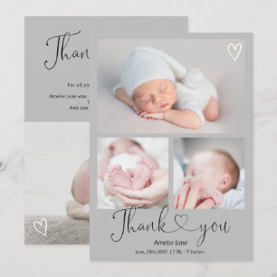 Grey thank you script heart 4 photos baby birth announcement