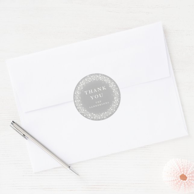 Grey Thank You Sparkling Lights Christmas Classic Round Sticker (Envelope)