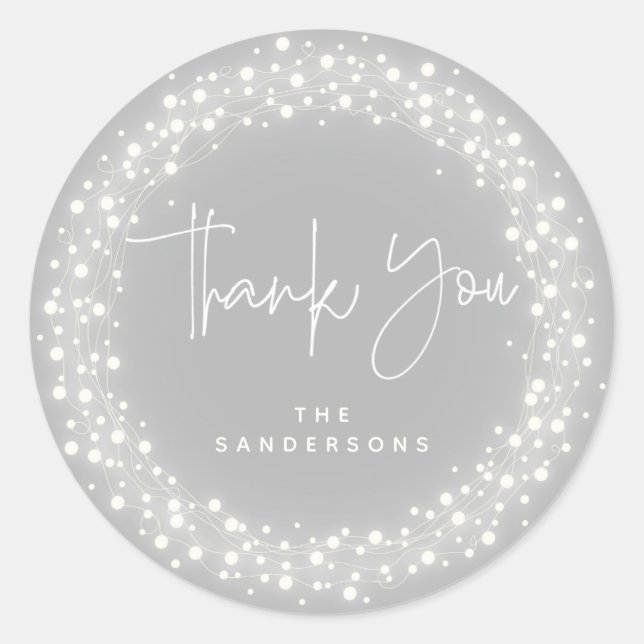 Grey Thank You Sparkling Lights Christmas Classic Round Sticker (Front)