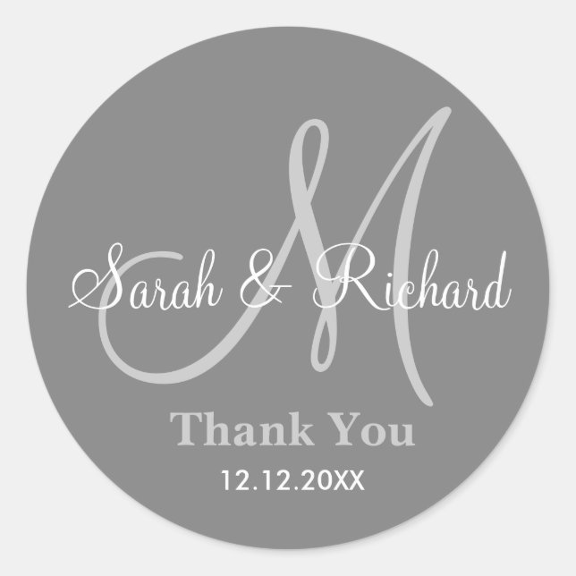 Grey Thank You Wedding Monogram Sticker (Front)