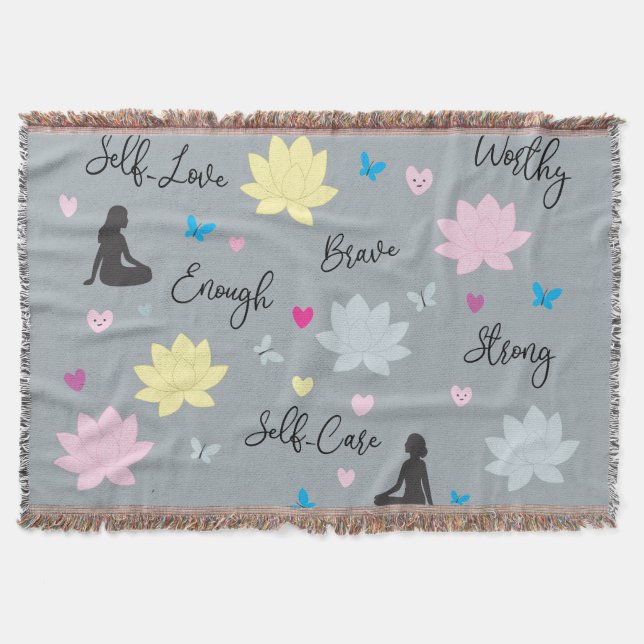 Grey Throw Blanket Lotus Flowers & Mindfulness (Front)