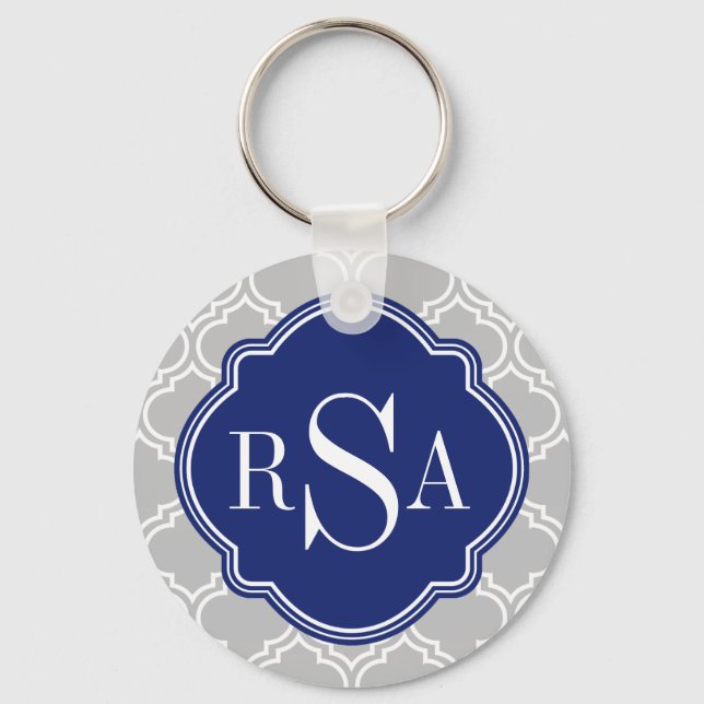 Grey Tile Lattice Pattern Blue Monogram Key Ring (Front)