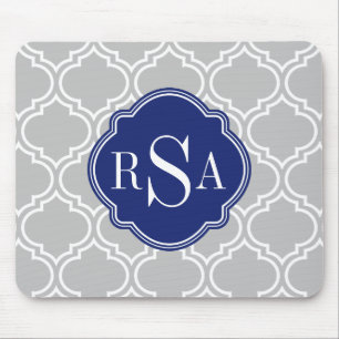 Grey Tile Lattice Pattern Blue Monogram Mouse Mat