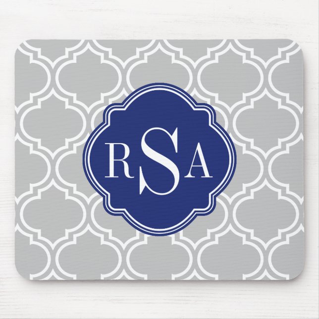 Grey Tile Lattice Pattern Blue Monogram Mouse Mat (Front)