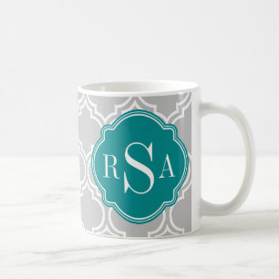 Grey Tile Lattice Pattern Emerald Monogram Coffee Mug