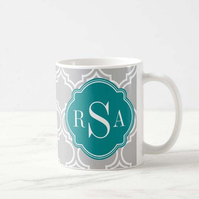 Grey Tile Lattice Pattern Emerald Monogram Coffee Mug (Right)