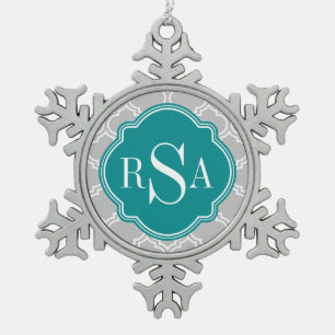 Grey Tile Lattice Pattern Emerald Monogram Snowflake Pewter Christmas Ornament
