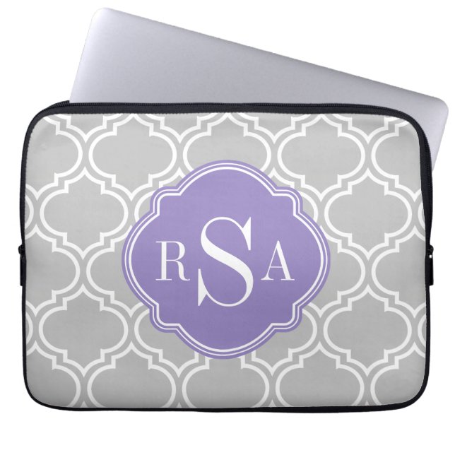 Grey Tile Lattice Pattern Lavender Monogram Laptop Sleeve (Front)