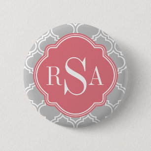 Grey Tile Lattice Pattern Pink Monogram 6 Cm Round Badge
