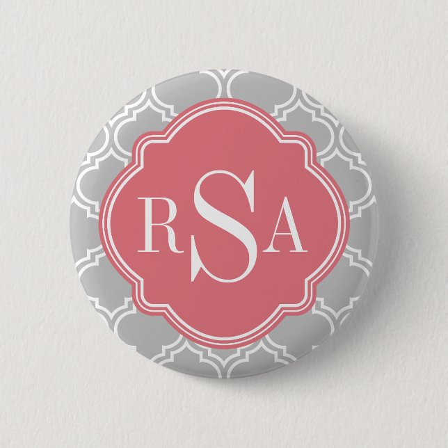Grey Tile Lattice Pattern Pink Monogram 6 Cm Round Badge (Front)
