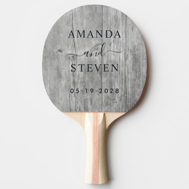 Grey Timber Couple Names with Wedding Date Ping Pong Paddle (Front)