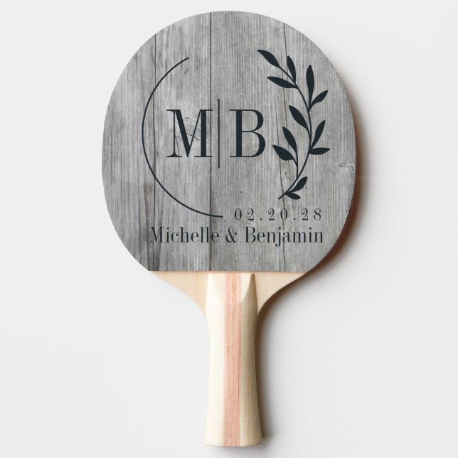 Grey Timber Leaf Wedding Monogram Ping Pong Paddle (Back)