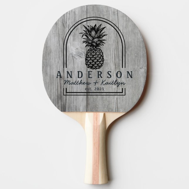 Grey Timber Pineapple Wedding Arch & Name Ping Pong Paddle (Back)