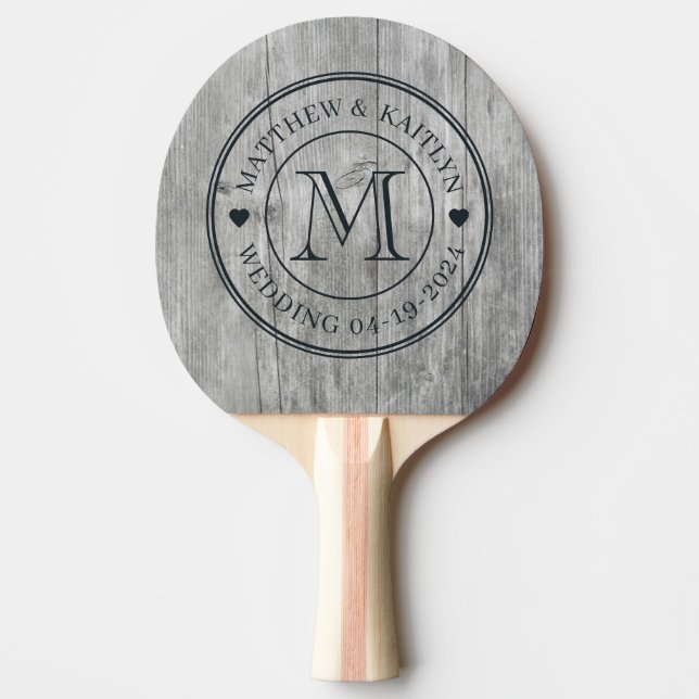 Grey Timber Wedding Monogram Heart Ping Pong Paddle (Front)