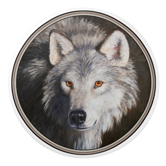 Grey Timber Wolf Face Ceramic Knob (Front)