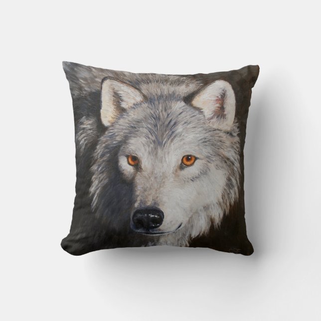 Grey Timber Wolf Face Cushion (Front)