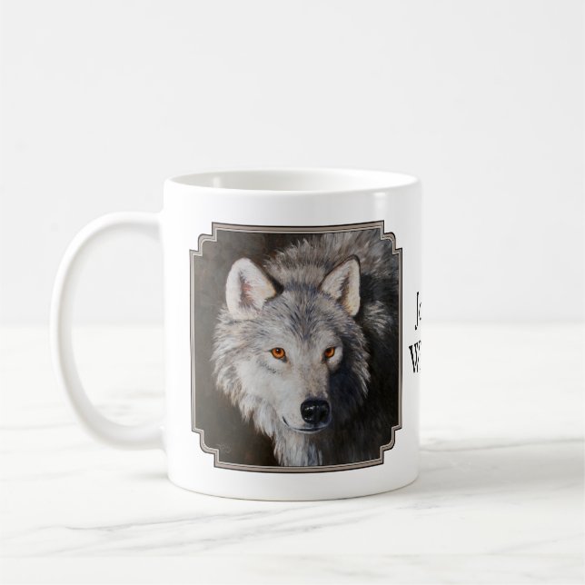 Grey Timber Wolf Face Portrait Coffee Mug (Left)