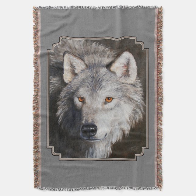 Grey Timber Wolf Face Portrait Throw Blanket (Front Vertical)