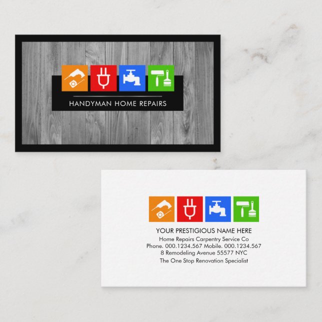 Grey Timber Wood Layer Handyman Tools Business Card (Front/Back)