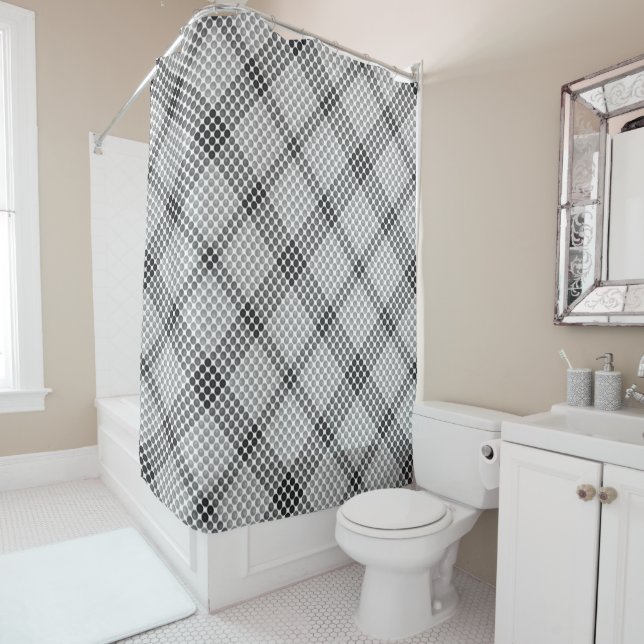 Grey to black balls or holes, cross-aligned square shower curtain (In Situ)