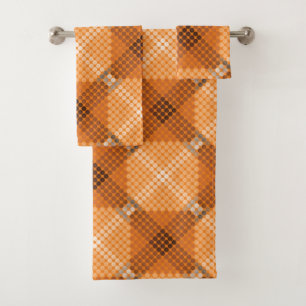 Grey to brown circles over orange, forming squares bath towel set