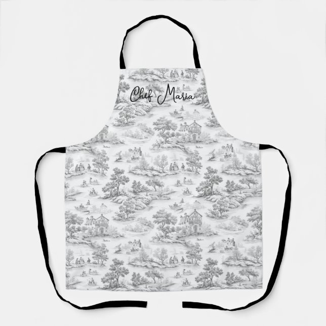 Grey Toile de Jouy Cooking & Baking Gift Kitchen  Apron (Front)