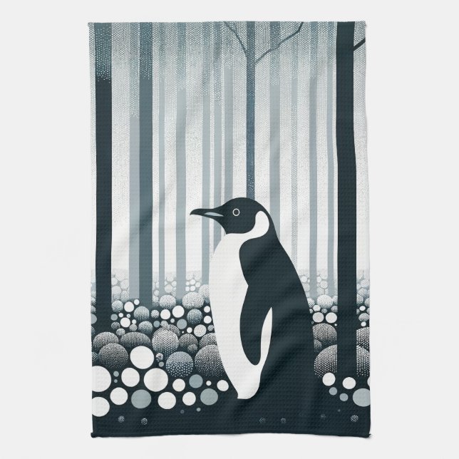 Grey Tones Dark Night Geometry Penguin Forest Tea Towel (Vertical)