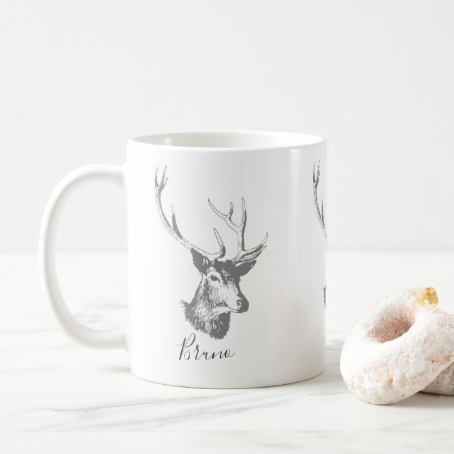 Grey Tones Deer Head Vintage Illustration Coffee Mug (With Donut)