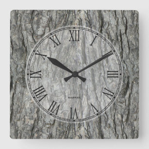 Grey Tones Rustic Wood Bark Square Wall Clock