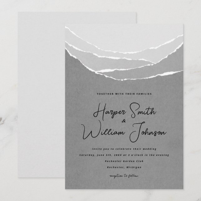 grey torn paper mountains wedding inviation invitation (Front/Back)