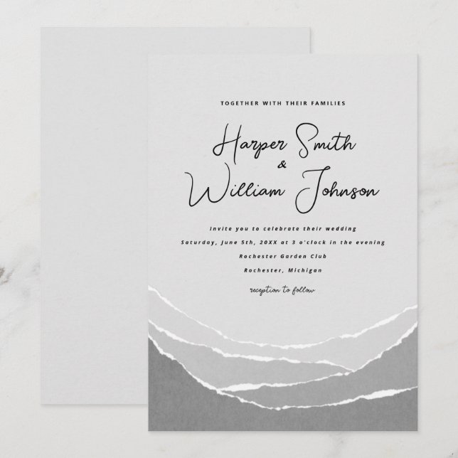 grey torn paper mountains wedding invitation (Front/Back)