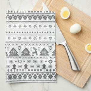 Grey Traditional Scandinavian Nordic Christmas Tea Towel