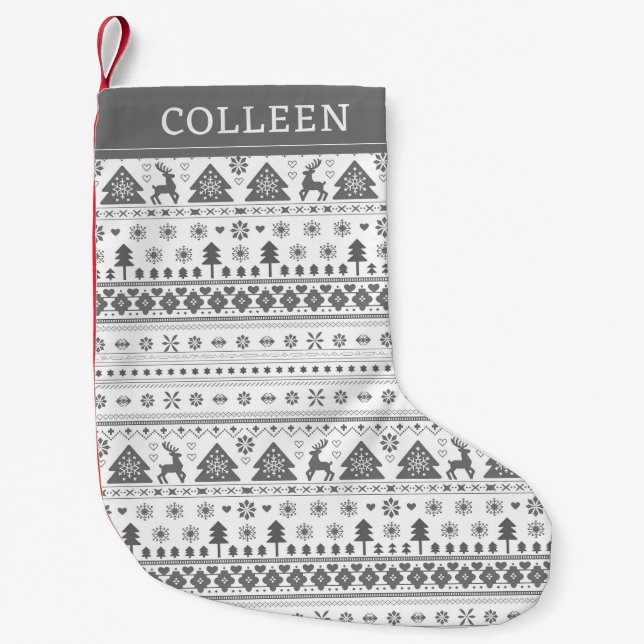 Grey Traditional Scandinavian Nordic Personalised Small Christmas Stocking (Front)