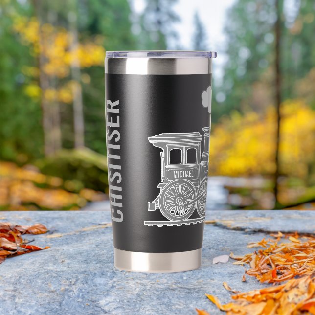 Grey train graphic full name drinks bottle insulated tumbler (Outdoor)