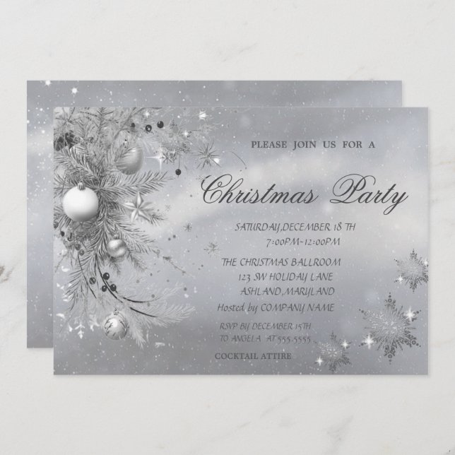 Grey Tree Branch Balls Snowflakes Christmas Invitation (Front/Back)