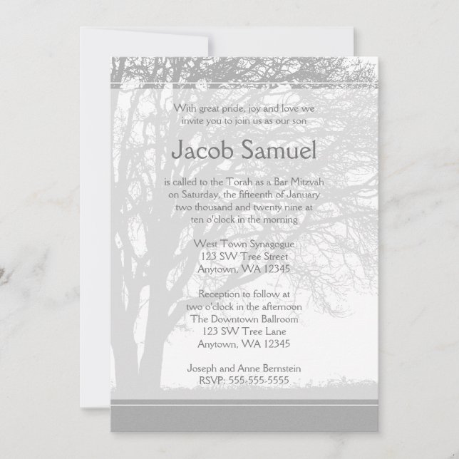 Grey Tree of Life Bar Mitzvah Invitations (Front)