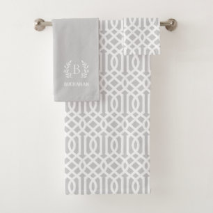 Grey Trellis and Branch Monogram Bath Towel Set