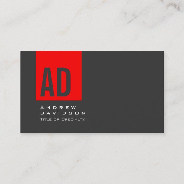 Grey Trendy Red Stripe Monogram Business Card (Front)