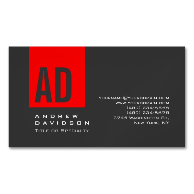 Grey Trendy Red Stripe Monogram Business Card (Front)