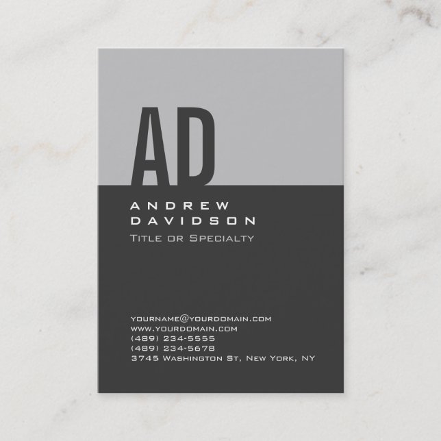 Grey Trendy Stripe Monogram White Business Card (Front)