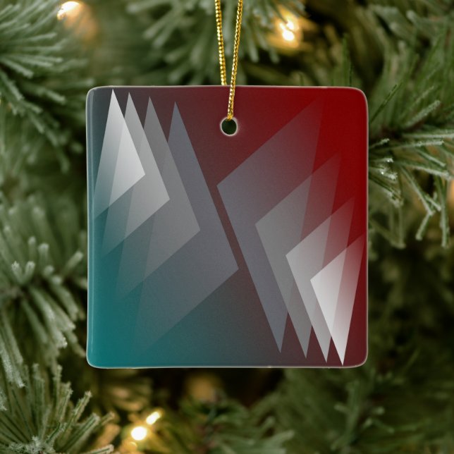 Grey triangles on teal burgundy ceramic ornament (Tree)