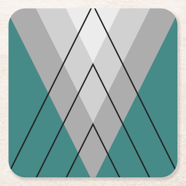 Grey triangles on turquoise background square paper coaster (Front)