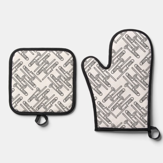 Grey Trombone Crosshatch Pattern Oven Mitt & Pot Holder Set (Front)