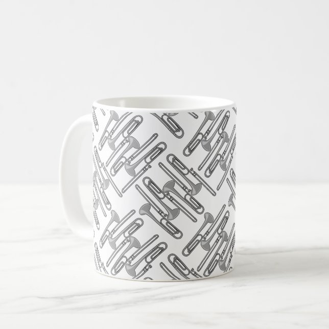 Grey Trombone Crosshatch White Pattern Coffee Mug (Front Left)