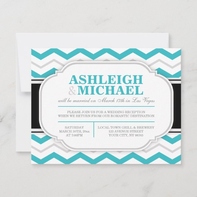 Grey & Turquoise Chevron Wedding Reception ONLY Invitation (Front)